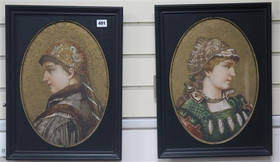 A pair of Continental ceramic oval portrait plaques, 19th century, 39.5 x 37.5cm
